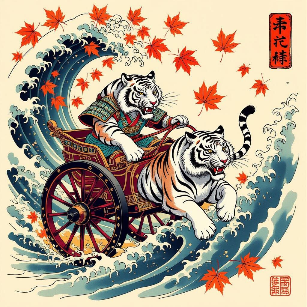 White Tiger Battle in Japanese Tattoo Art Style