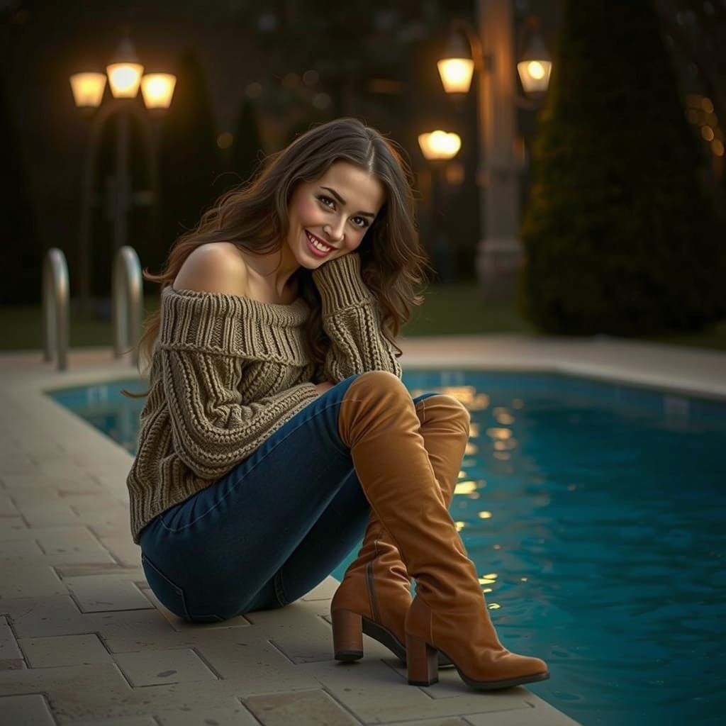 Brunette by Pool in Photorealistic Style