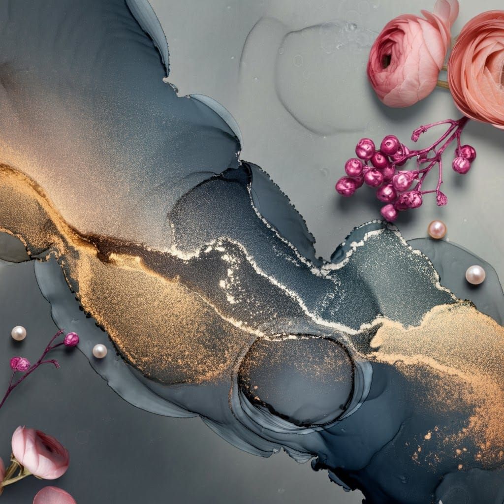Abstract Paint Splashes with Glitter and Rosebuds