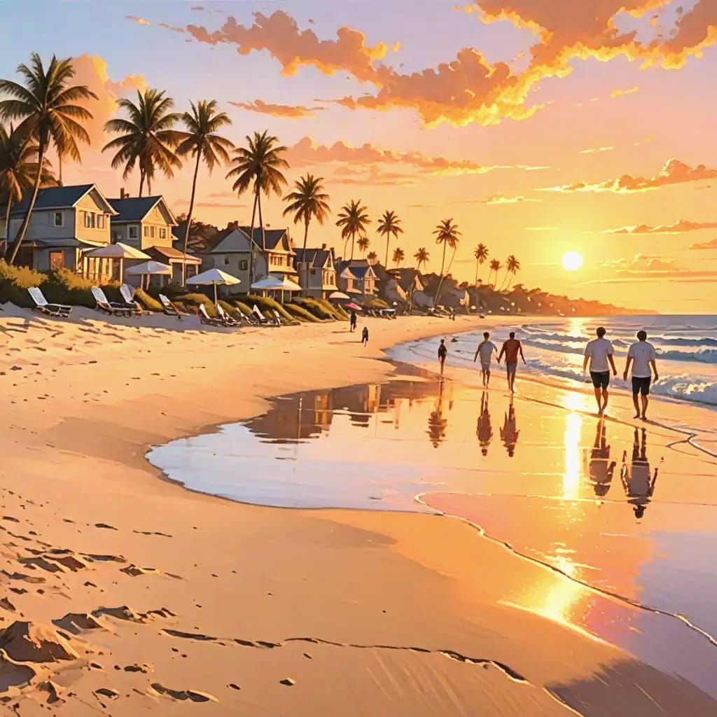 Lively Sunset Beach Scene in Digital Painting