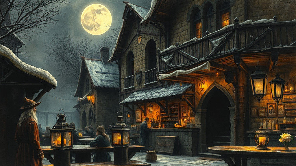 Moonlit Tavern Scene as Hyperdetailed Charcoal Art