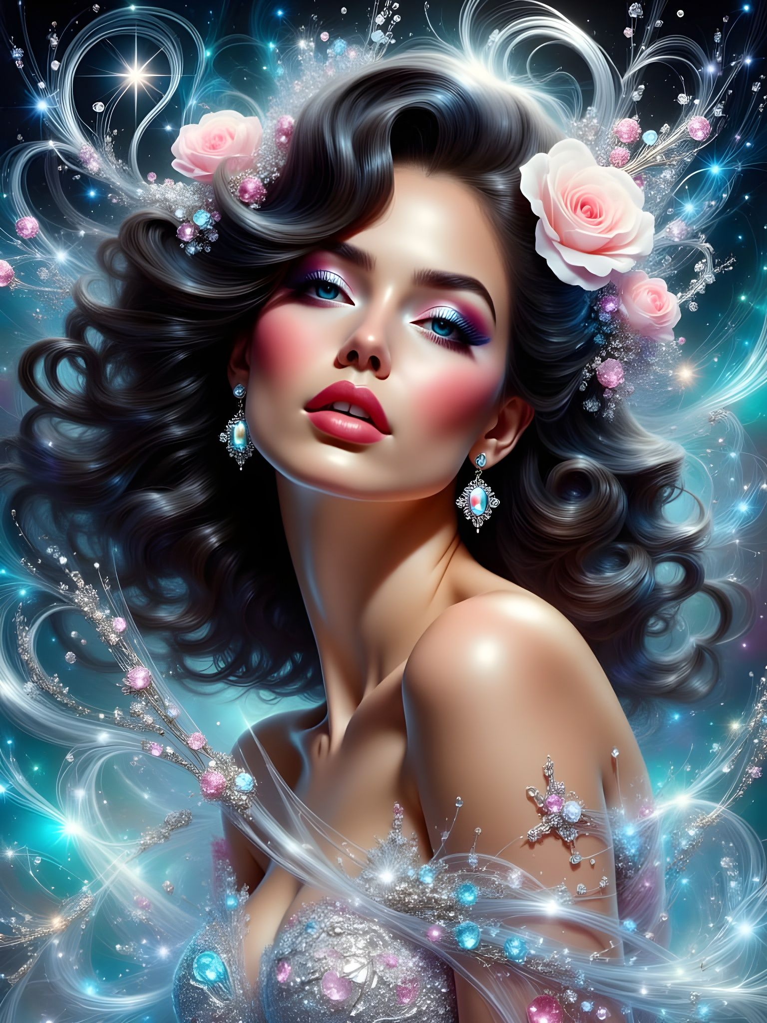 Hyperrealistic Portrait of a Glamorous Woman in a Glowing Ev...