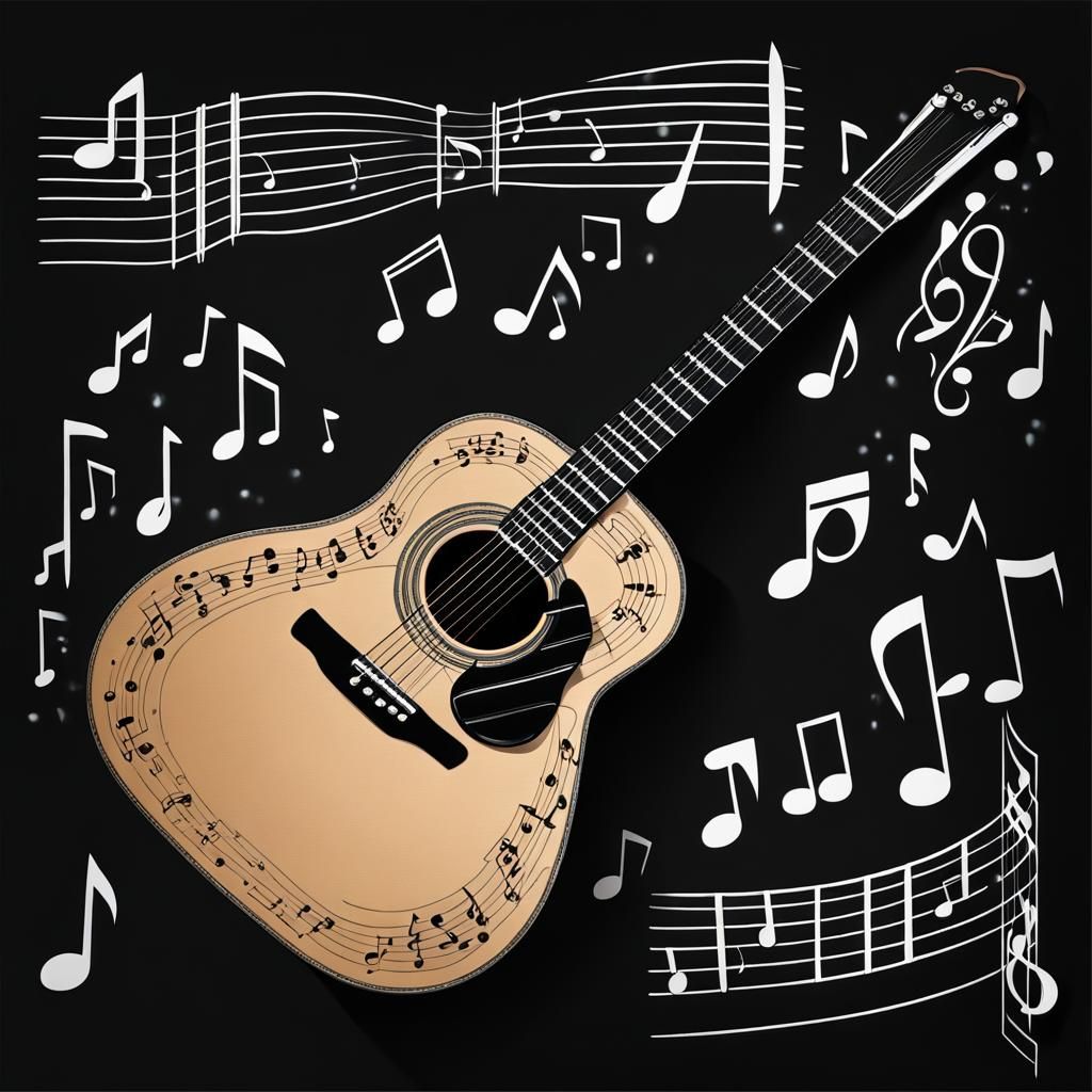 Acoustic Guitar with Flowing Music Notes
