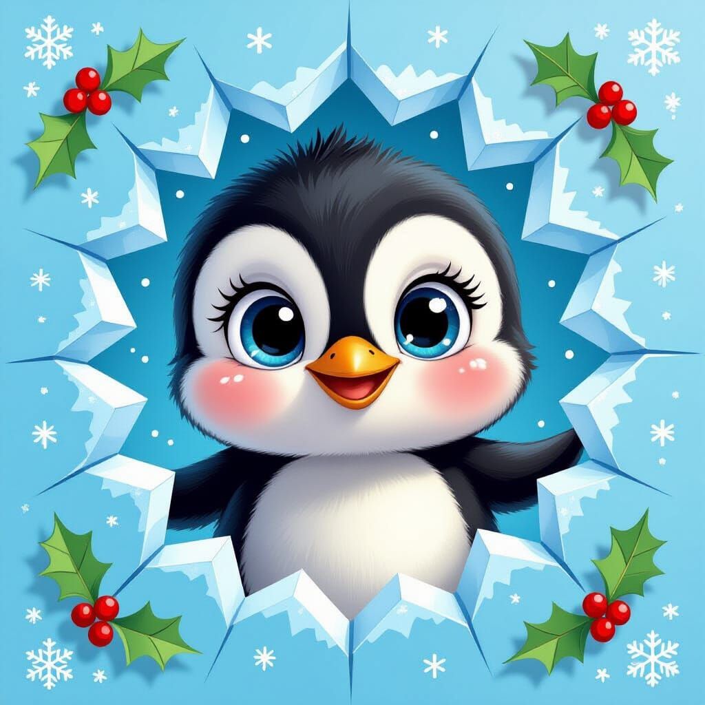 Cute 3D Cartoon Baby Penguin Peeking Through Ice