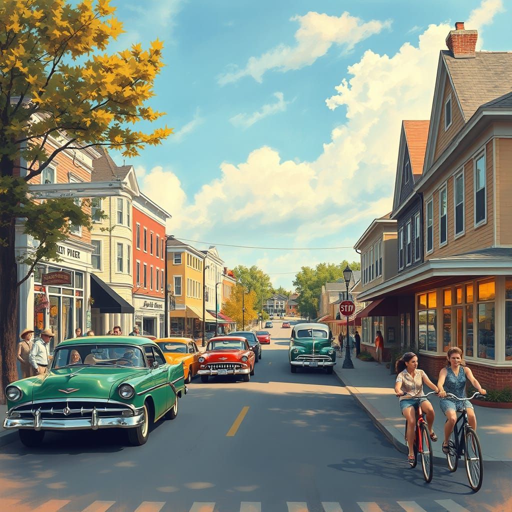 Charming 1950s New England Town Square in Impressionist Styl...