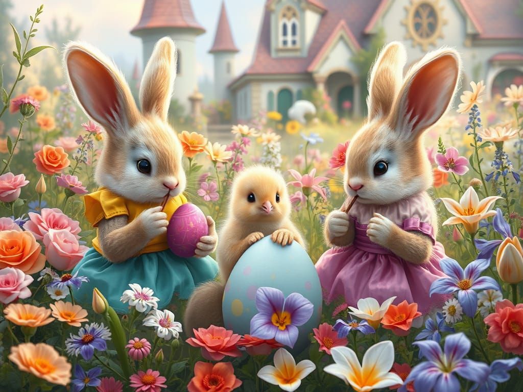 Easter Bunnies Painting Eggs in Dreamlike Meadow