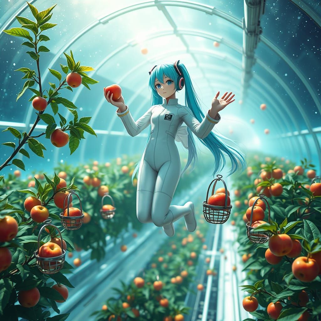 Hatsune Miku in Futuristic Space Colony Greenhouse