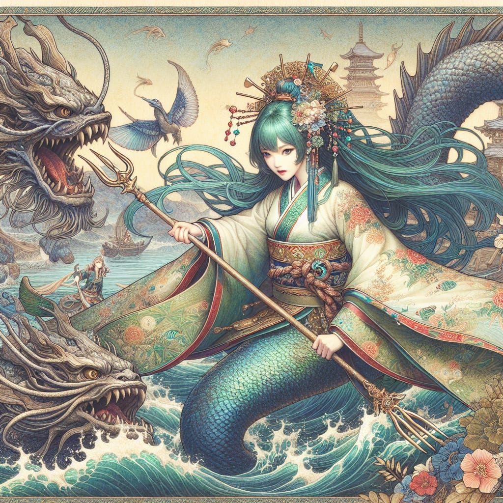 Colored ink and parchment painting of Beautiful Japanese Mermaid Warrior Princess (Teal hair) carrying trident fighting ...