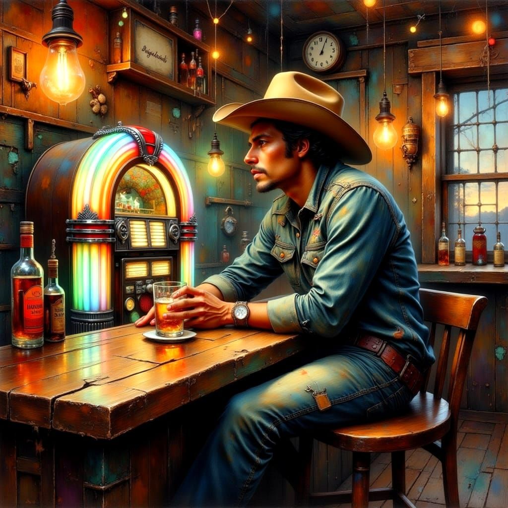 Vintage Jukebox in Bar, Impasto Oil Painting