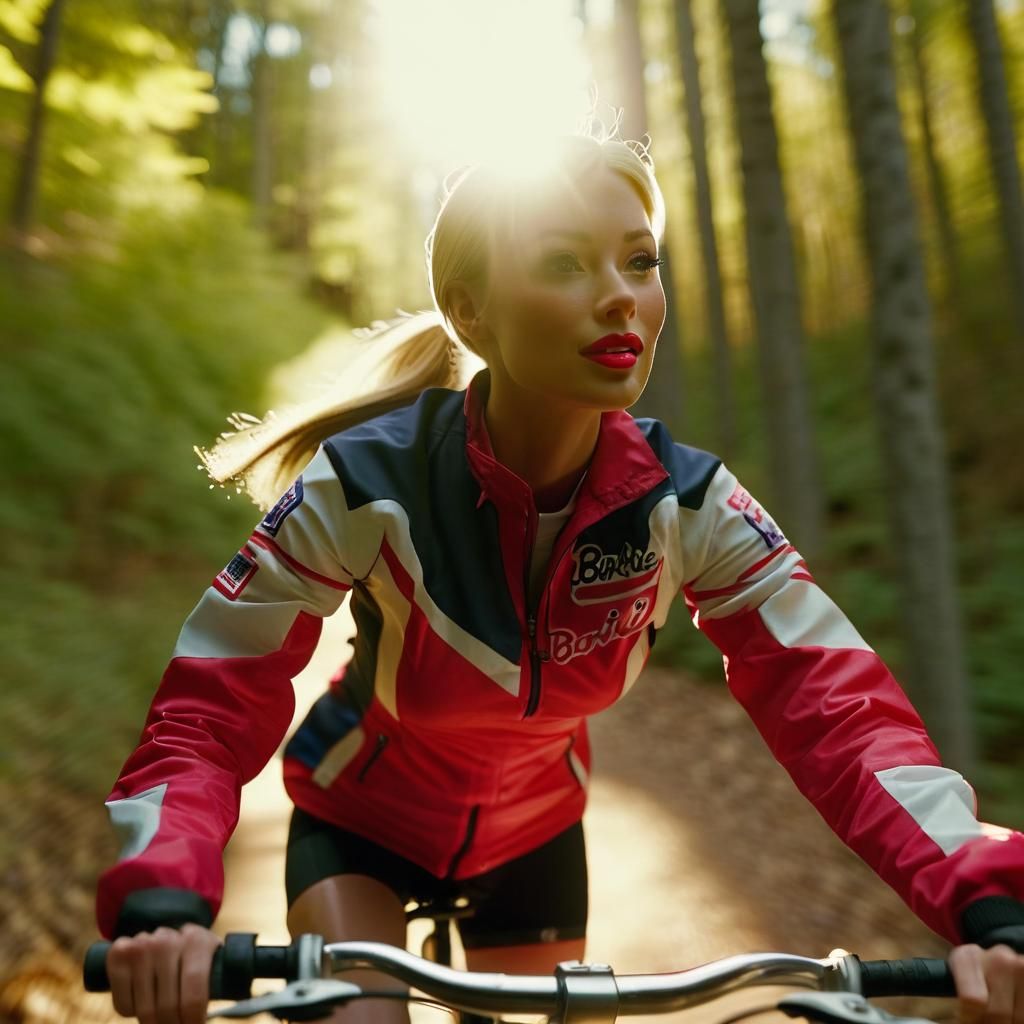Mountain Biker Rides Forest Trail: Cinematic Film Still