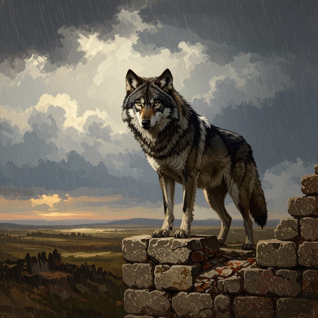 Lone Wolf on Parapet Reflecting Stormy Sky