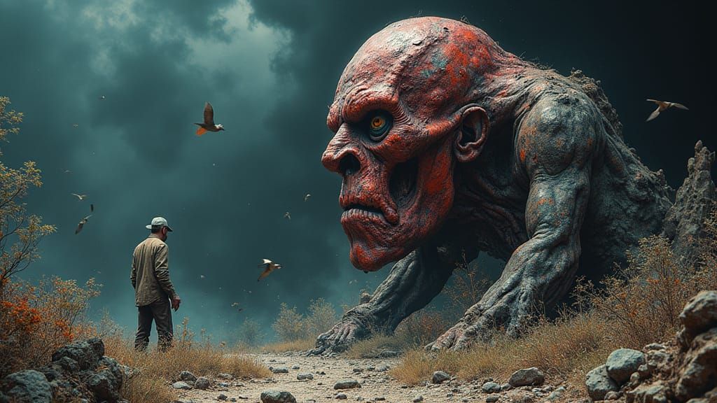 Sinister Portrait of a Distressed Figure in a Dystopian Land...