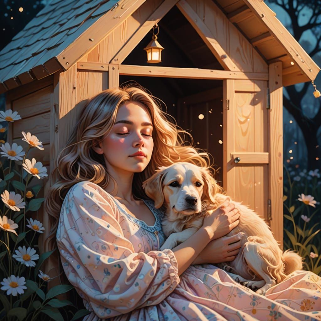 Woman Slumbers in a Cozy Dog House Scene