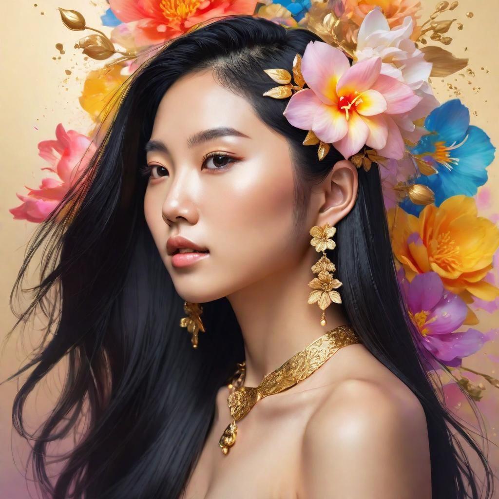 Beautiful Asian Woman Portrait with Flowers in Hyperrealism