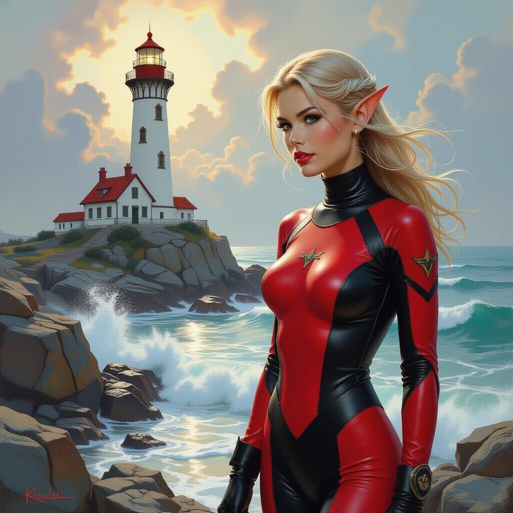 Elf on Rocky Coast in Fantasy Oil Painting