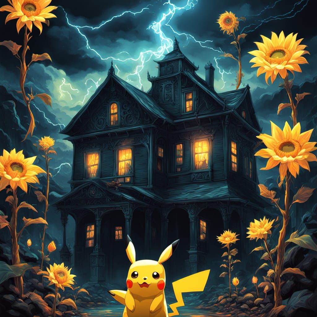 Surrealist Pikachu Deity in Electric Storm