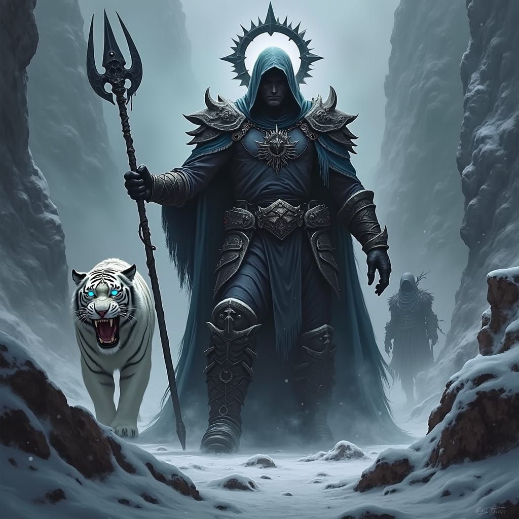Tundra God in Blizzard Landscape, Dark Fantasy Art
