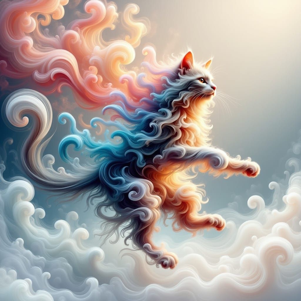 Whispering Smoke Forms of a Leaping Cat in Ethereal Colors