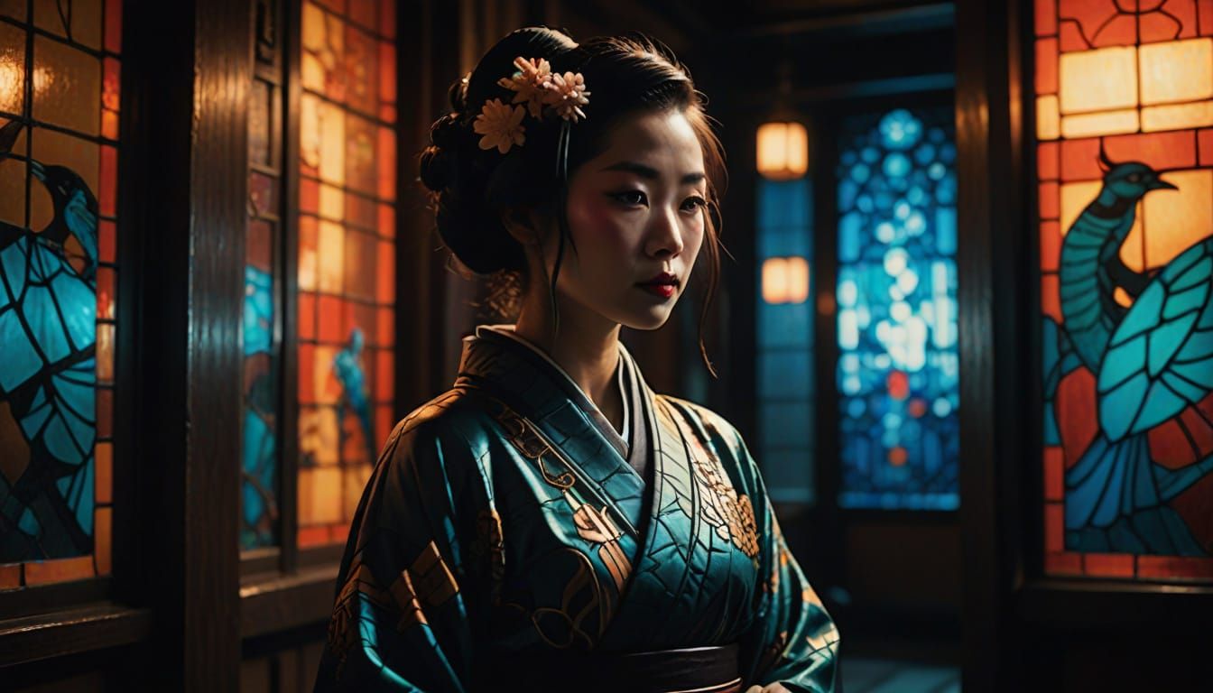 Cyberpunk Geisha in 1920s Speakeasy Film Still