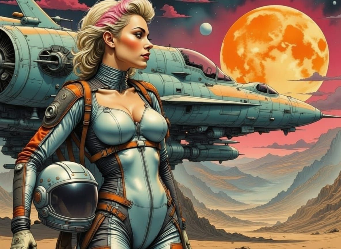 Retrofuturistic Woman in Chrome Spacesuit with Starfighter
