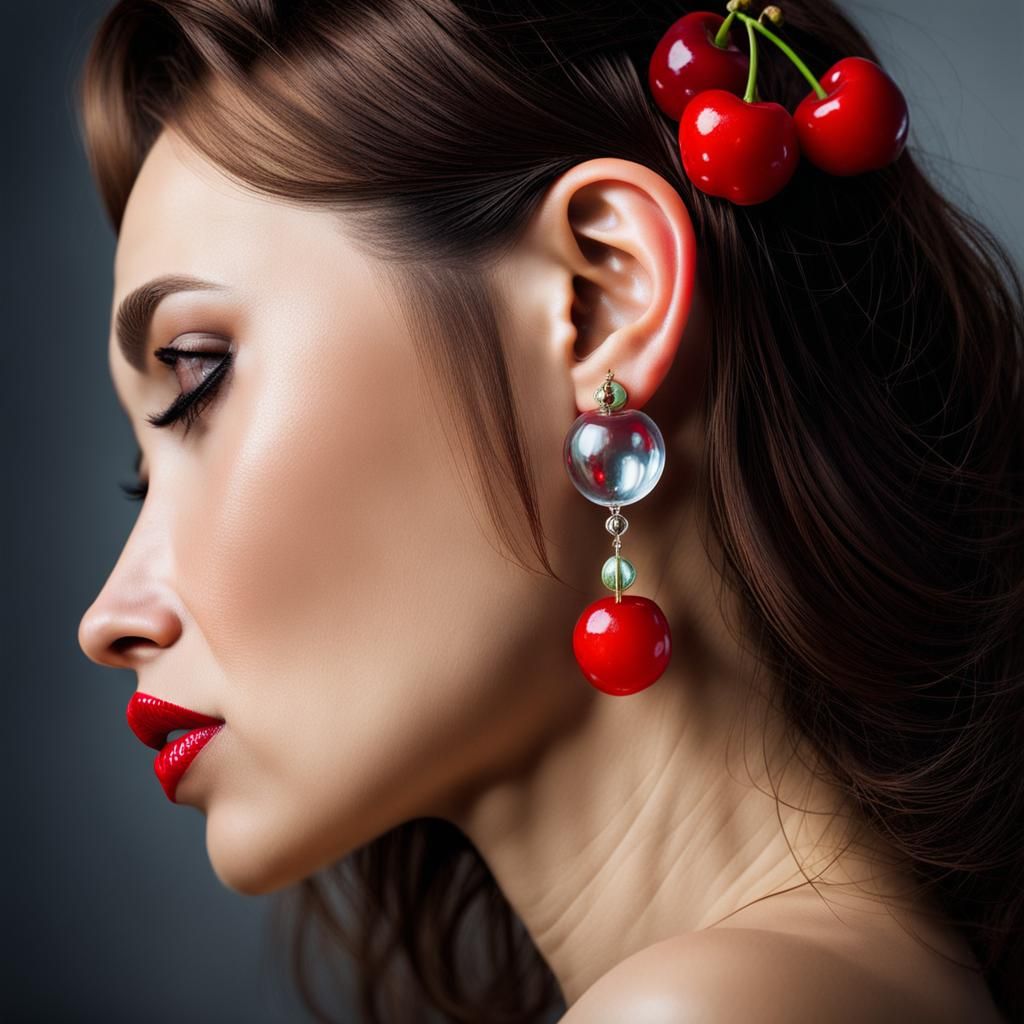 Woman's Portrait with Cherry Earrings and Red Lips