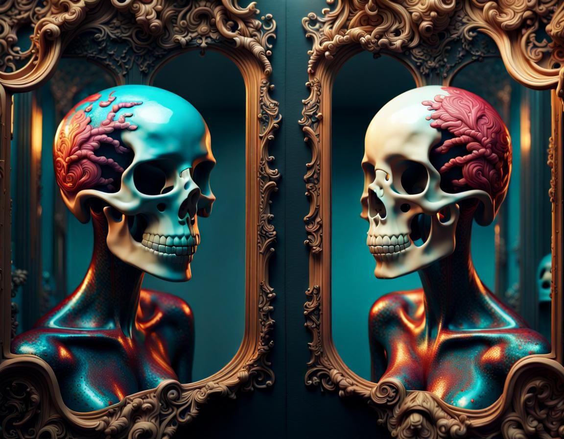 Optical Illusion: Woman, Mirror, and Skull Fusion