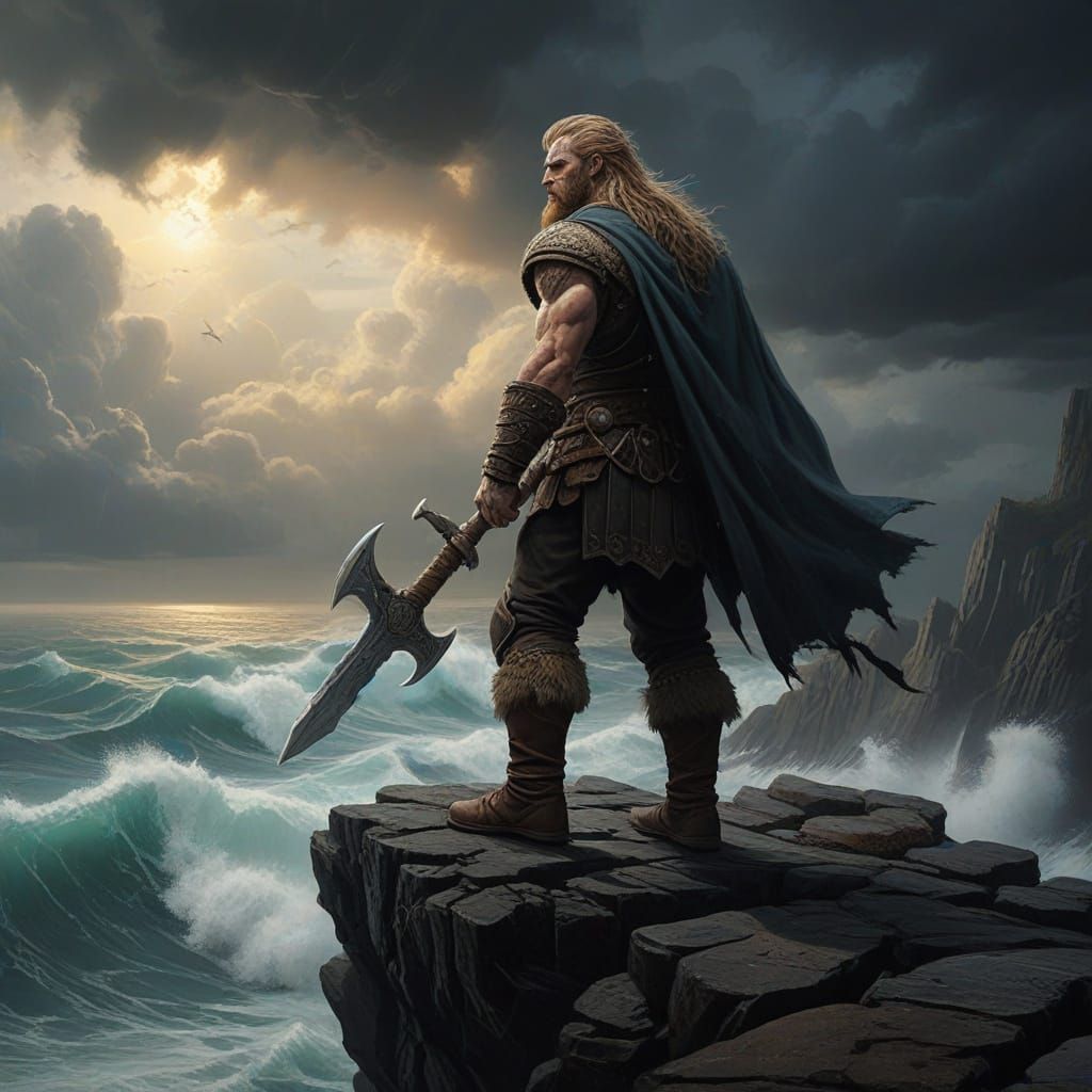 Viking Warrior on Cliff Overlooking Stormy Sea