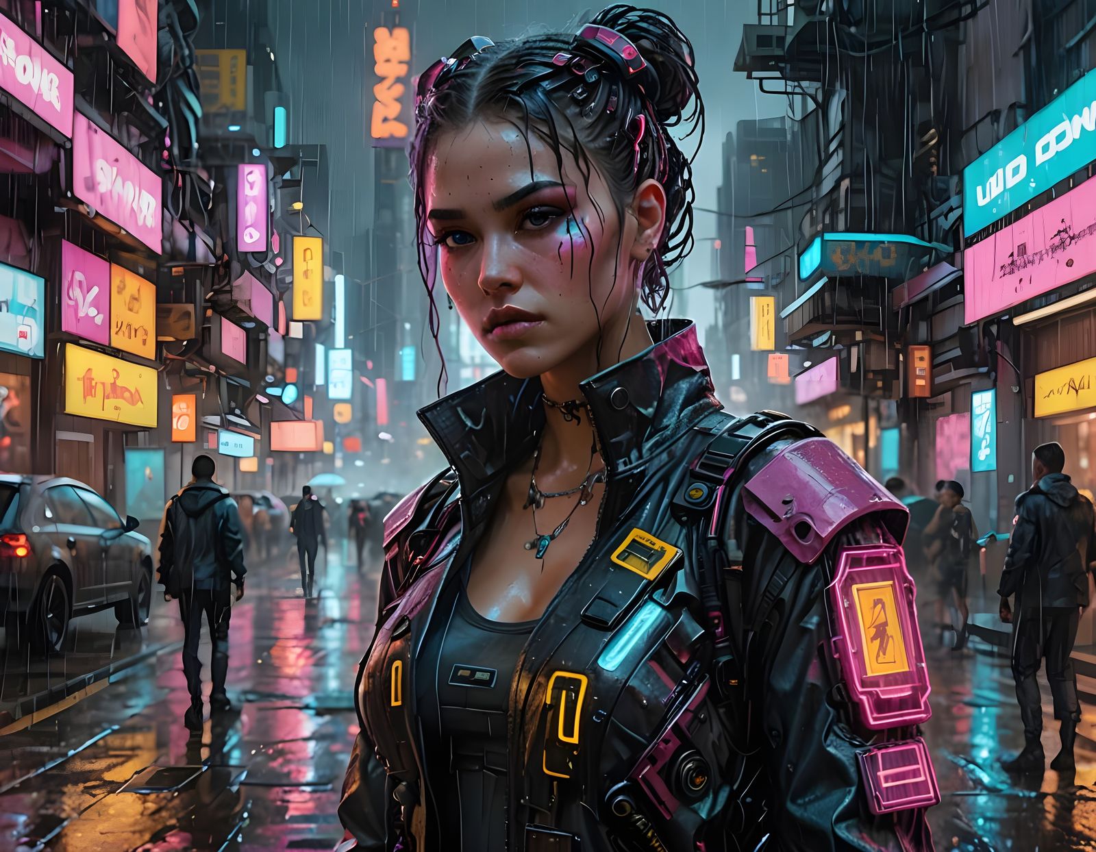 Dreamy Cyberpunk Girl in Rainy Neon Setting