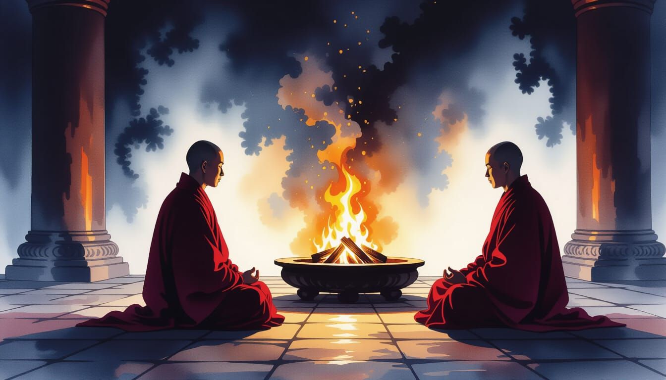 Monk Meditating by Fire in Cavern Temple, Alcohol Ink Style