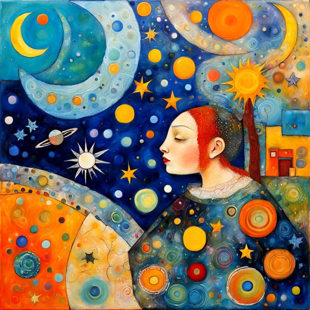 Sun and Moon Dance in Solar System, Encaustic Painting