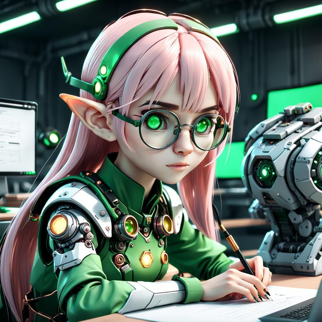 Anime Elf Girl Studying: Sci-Fi Digital Art