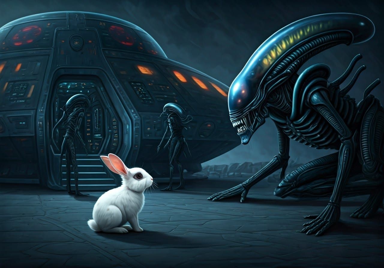 Friendly Xenomorphs Greet a Curious Piebald Rabbit