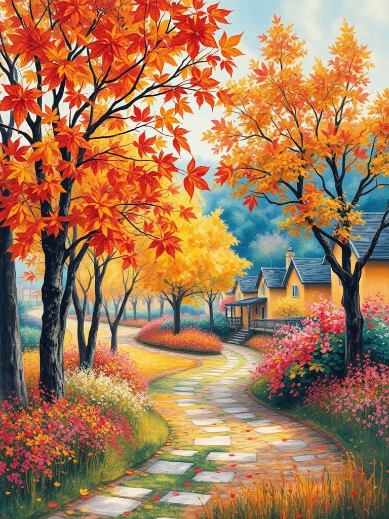 Autumn Village: A Van Gogh-Inspired Watercolor Painting