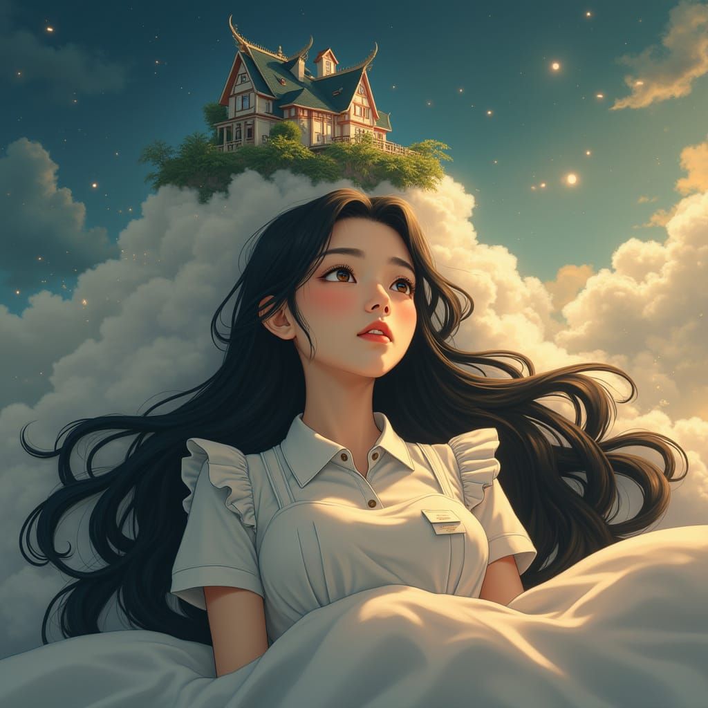 Ethereal Woman Contemplates Serene Floating Mansion in Dream...