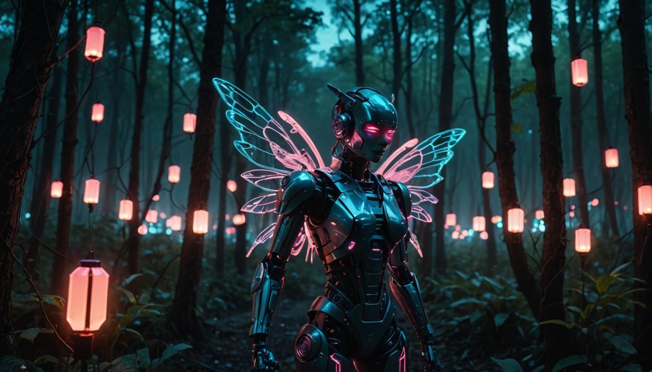 Robot Fairy in Cyberpunk Forest with Neon Lanterns
