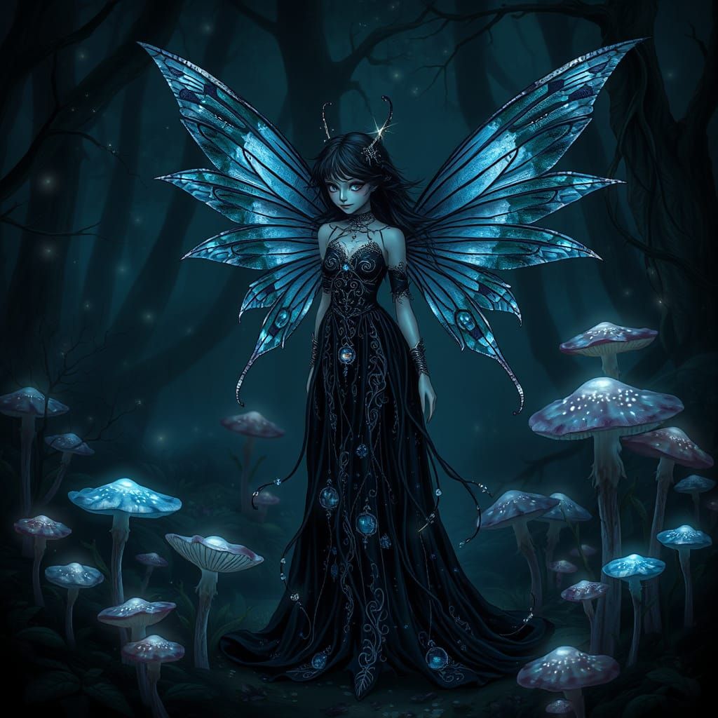 Gothic Fairy in Bioluminescent Glade, Dark Fantasy Art