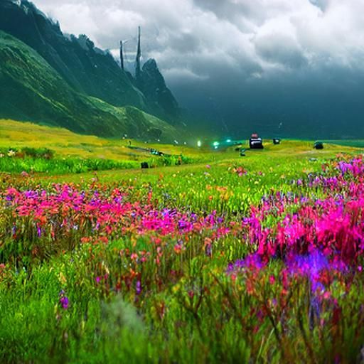 Cyberpunk Flower Valley Under Neon Skies