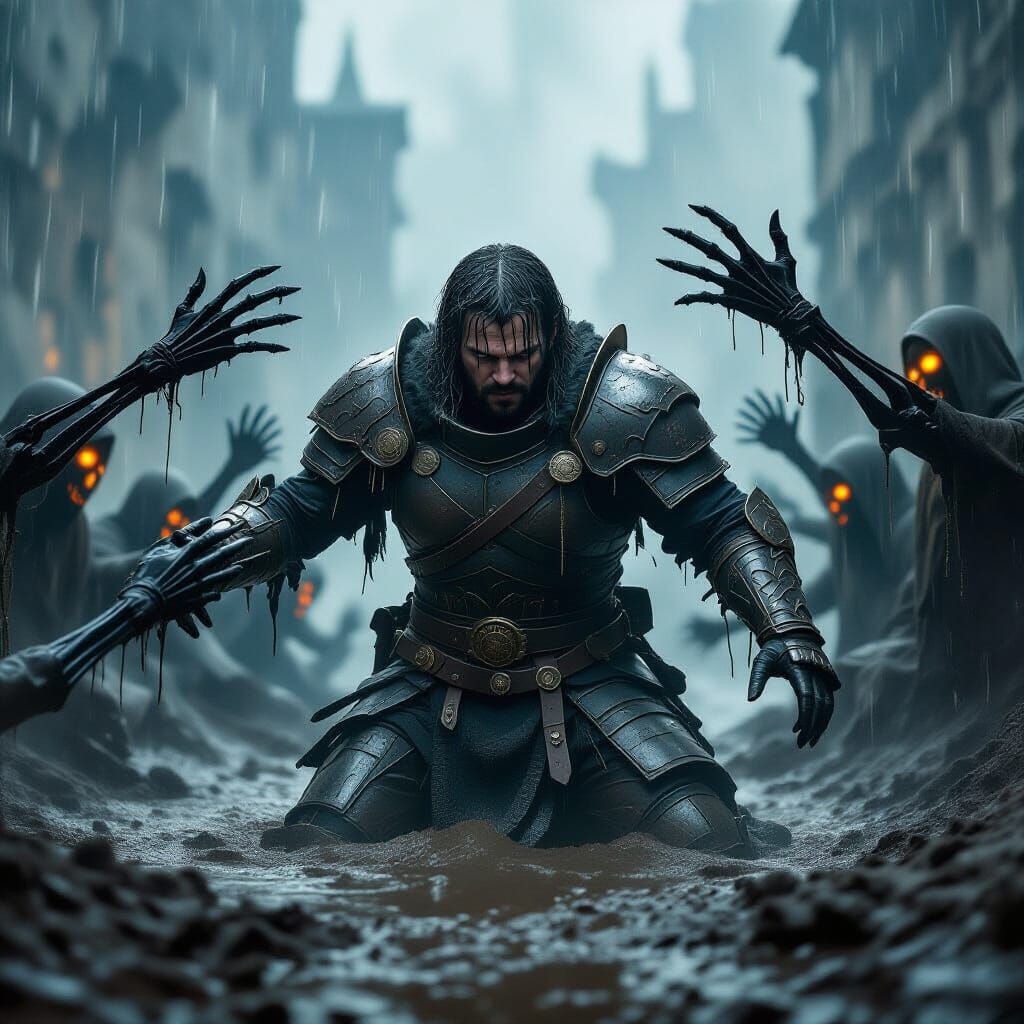 Warrior's Desperate Struggle in Dark Fantasy Art Style