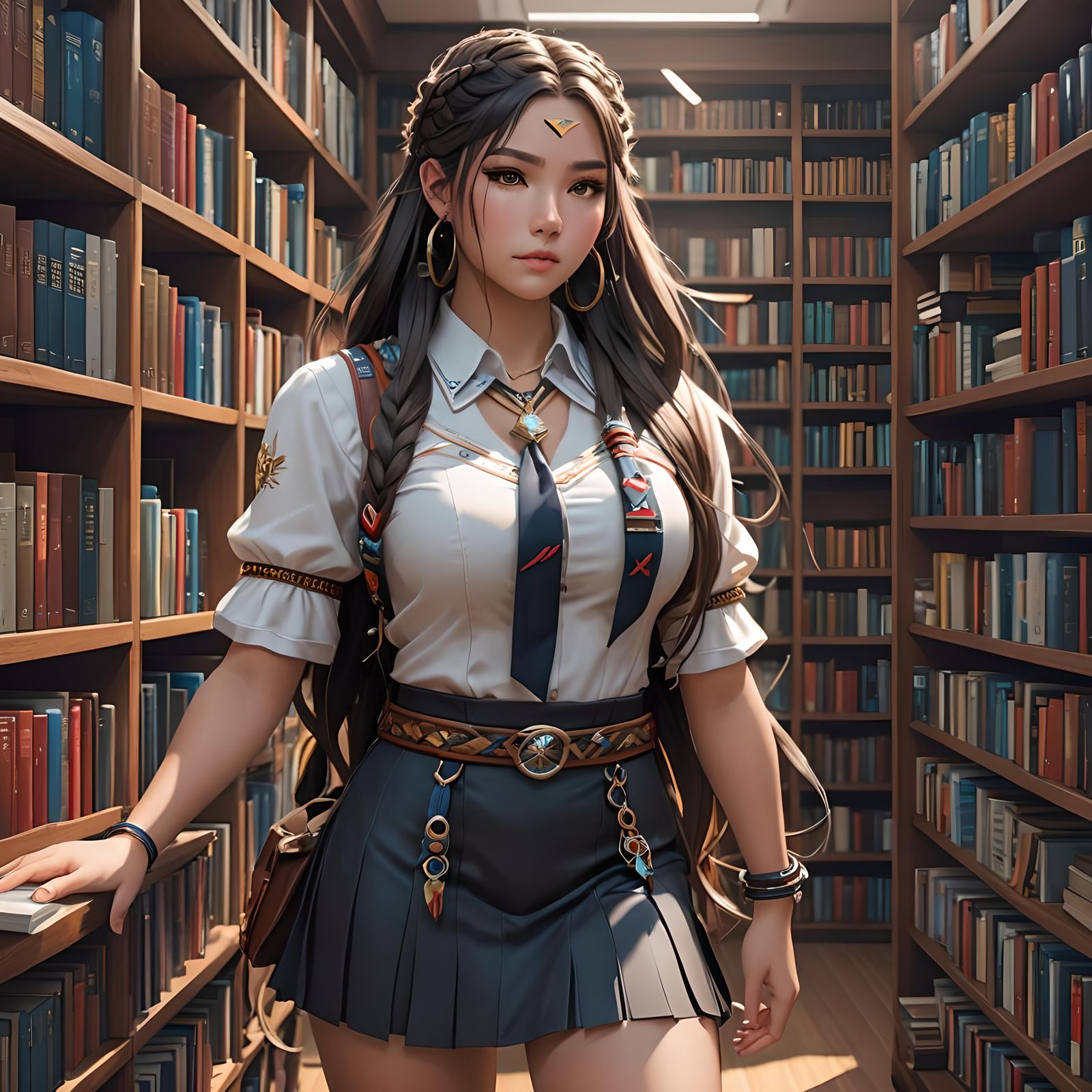 Native American Woman Reading in Library: 3D Anime Art