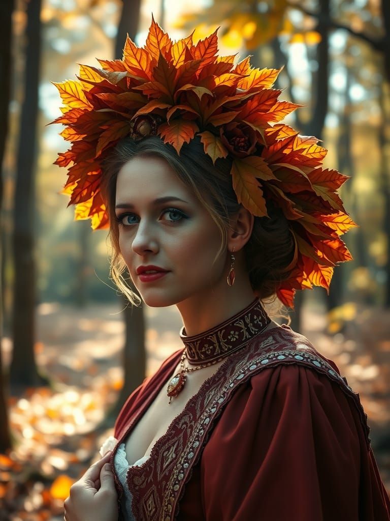 Regal Queen in Autumn Leaf Hat in Forest