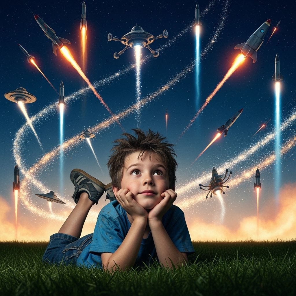 Boy Gazing at Rockets in Night Sky