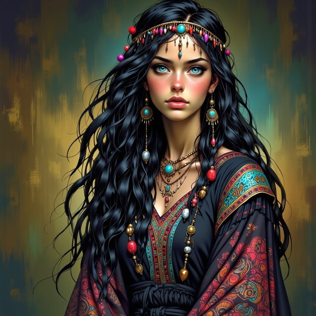 Mystical Gypsy Woman with Charms and Blue Eyes