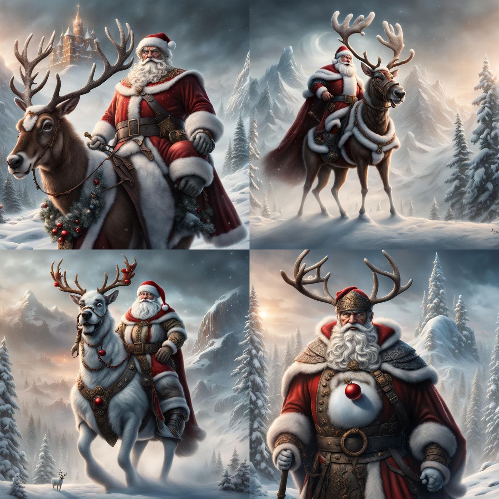 Muscle bound warrior Saint Nicholas blended with Rudolph the red nose reindeer blended with Frosty the Snowman