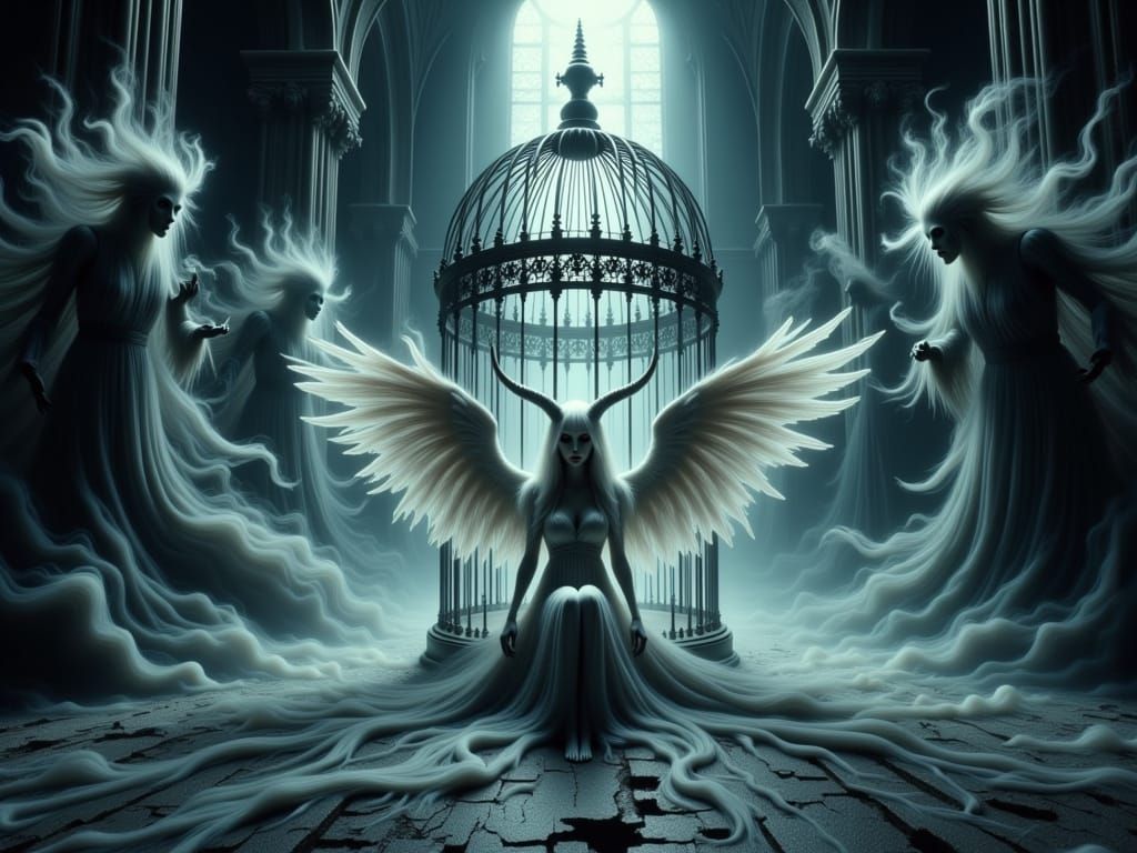 Ghostly Elf Woman in Gothic Cathedral Cage