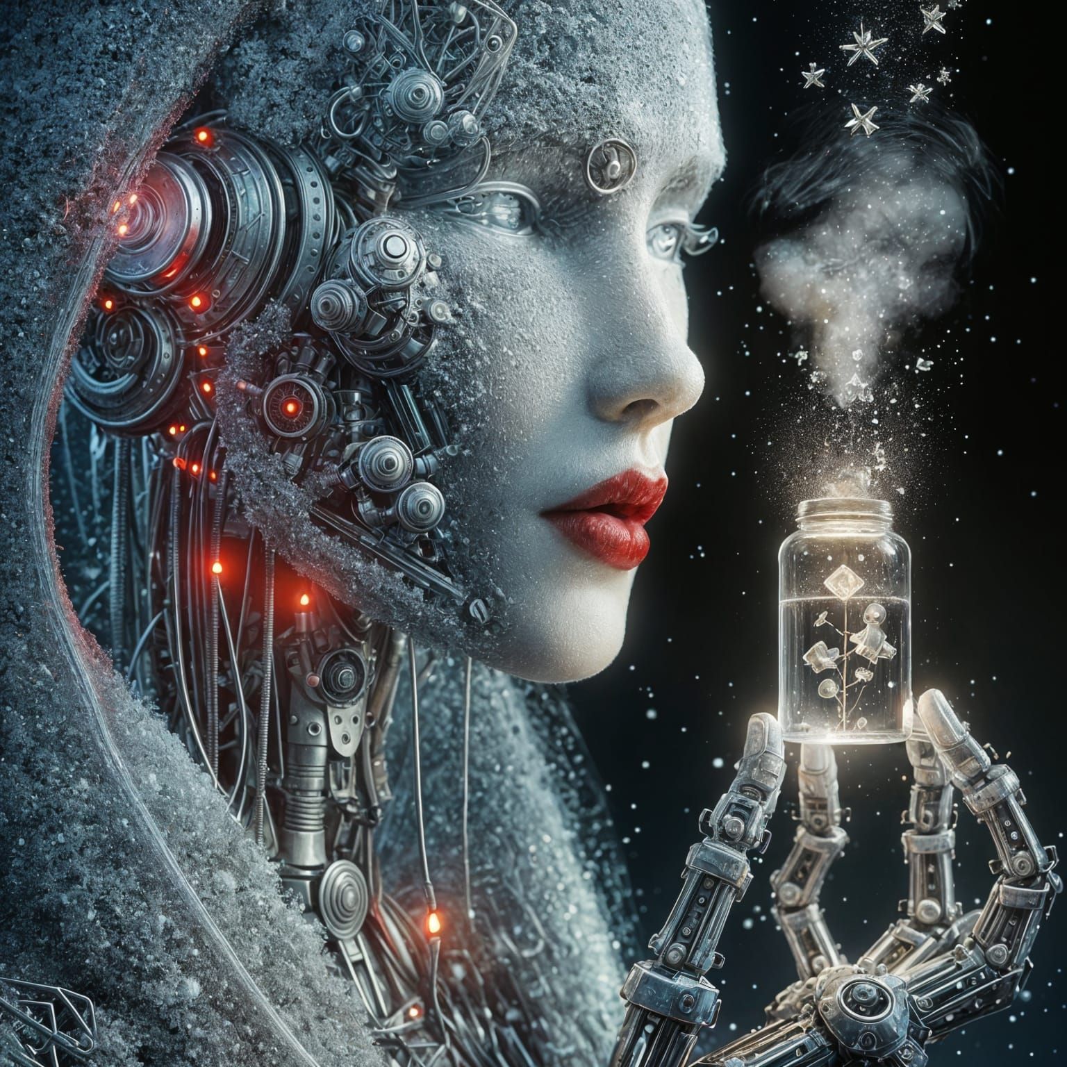 Hyper-Realistic Ice Robot in a Futuristic Portrait