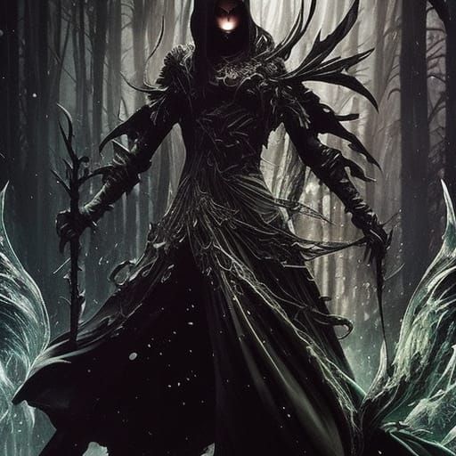 Dark Fantasy Warlock Casting Magic in Gouache Style