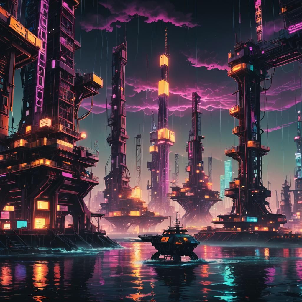 Cyberpunk Oil Rigs in a Neon Dystopia