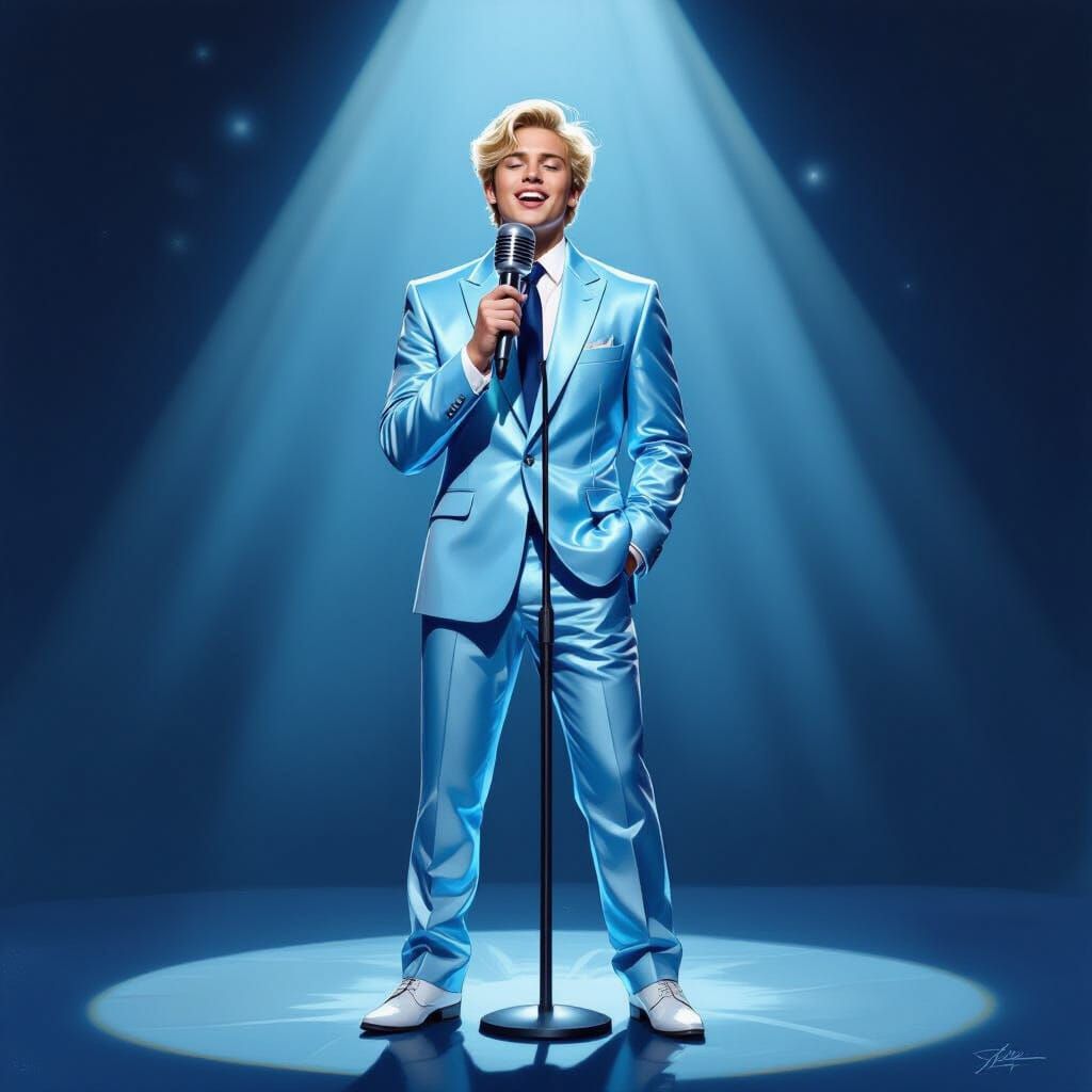 Oil painting 
Portrait of a young blonde white man 
Standing...