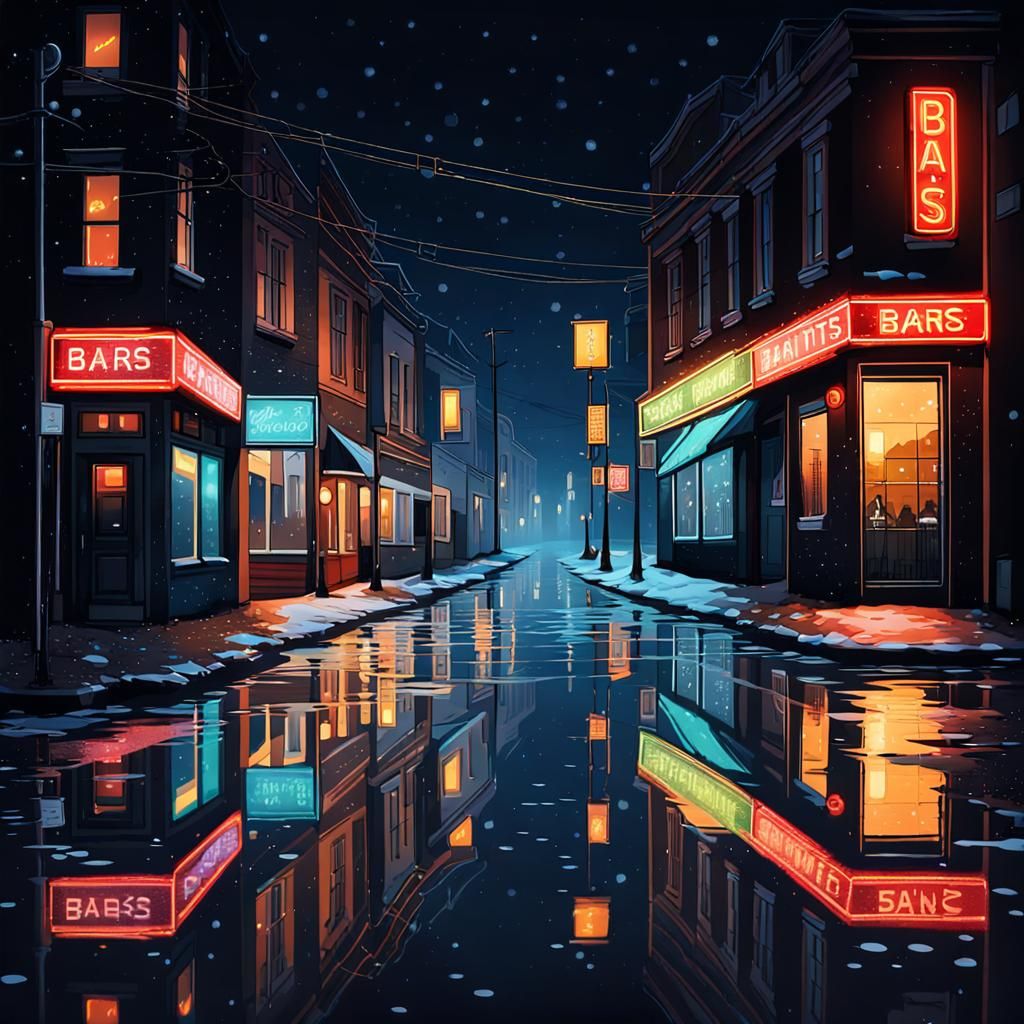 Neon Reflections on a Snowy City Street