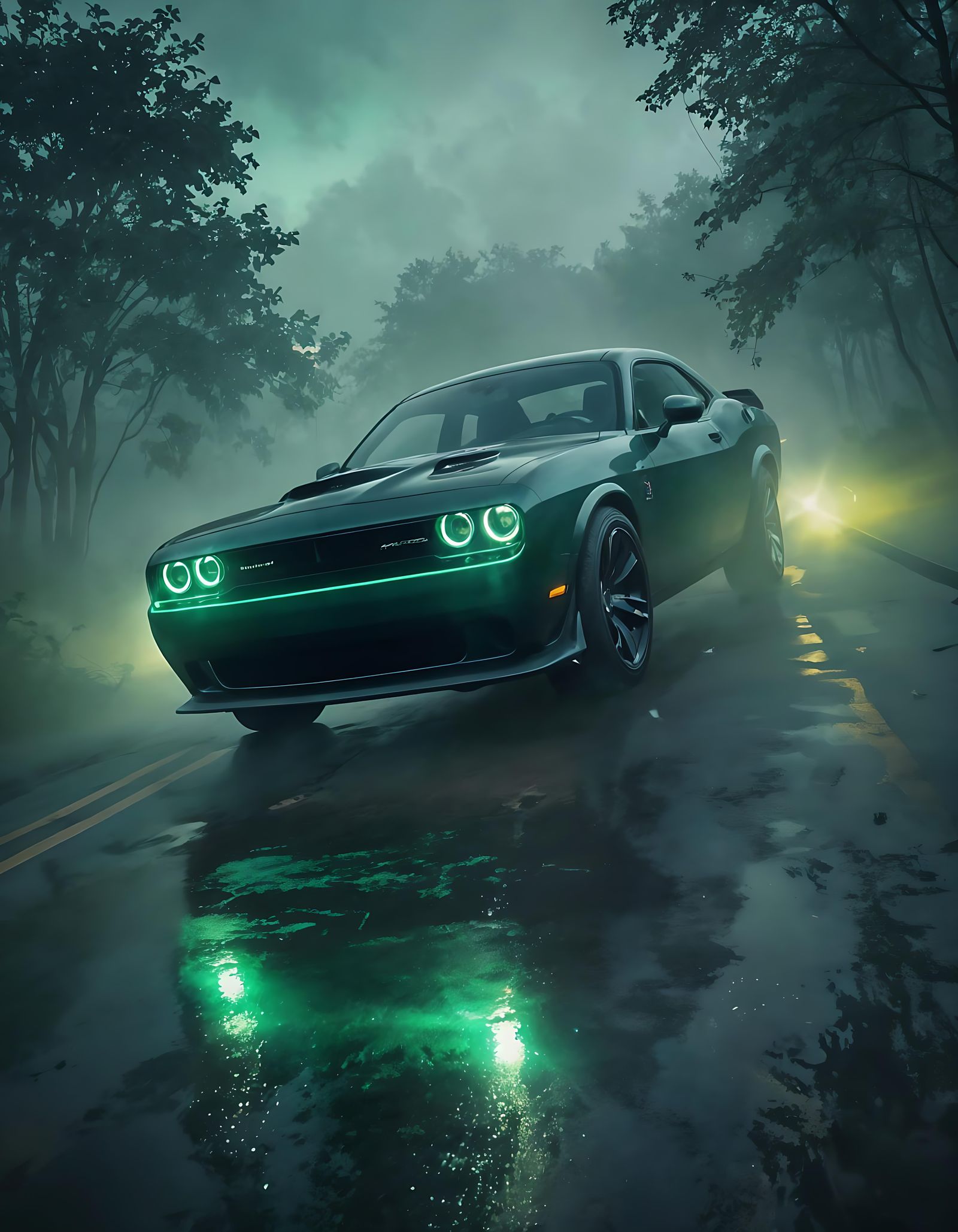 Black Dodge Challenger Hellcat in Fog, Astral Illustration